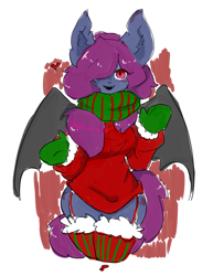 Size: 1128x1461 | Tagged: safe, artist:snow angel, oc, oc only, oc:ica, species:anthro, species:bat pony, abstract background, bat pony oc, bat wings, clothing, female, hair over one eye, mittens, scarf, spread wings, stockings, thigh highs, wings
