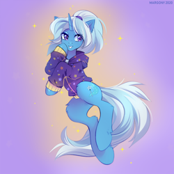 Size: 1300x1300 | Tagged: safe, artist:margony, gameloft, character:trixie, species:pony, species:unicorn, alternate hairstyle, babysitter trixie, clothing, cute, diatrixes, ear fluff, female, gameloft interpretation, hoodie, leg fluff, mare, ponytail, purple background, simple background, smiling, solo, sparkles