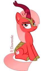 Size: 1590x2600 | Tagged: safe, artist:arifproject, edit, oc, oc:downvote, species:kirin, derpibooru, derpibooru ponified, cloven hooves, cute, female, horn, kirin-ified, looking at you, mare, meta, simple background, sitting, smiling, smirk, species swap, text, transparent background, vector
