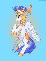Size: 750x1000 | Tagged: safe, artist:margony, species:pegasus, species:pony, armor, flying, helmet, hoof shoes, male, royal guard, solo, spear, stallion, weapon