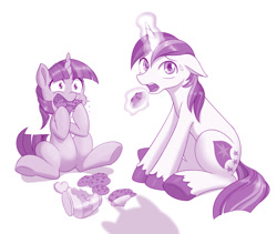Size: 1280x1081 | Tagged: safe, artist:dstears, character:shining armor, character:twilight sparkle, character:twilight sparkle (unicorn), species:pony, species:unicorn, newbie artist training grounds, atg 2020, broken, brother and sister, caught, colored hooves, cookie, cookie jar, duo, eating, female, filly, filly twilight sparkle, floppy ears, food, gentlemen, implied twilight velvet, jar, levitation, magic, male, monochrome, open mouth, purple, siblings, simple background, sitting, sparkle siblings, sweat, sweatdrop, teenager, telekinesis, this will end in grounding, unshorn fetlocks, white background, younger