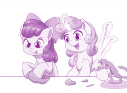Size: 1280x942 | Tagged: safe, artist:dstears, character:apple bloom, character:sweetie belle, species:earth pony, species:pony, species:unicorn, newbie artist training grounds, adorabloom, calvin and hobbes, clay, cute, diasweetes, duo, female, filly, magic, monochrome, open mouth, sweetie belle's magic brings a great big smile, telekinesis, tongue out, unicorn master race