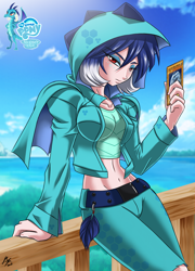 Size: 800x1111 | Tagged: safe, artist:mauroz, edit, editor:drakeyc, character:princess ember, species:human, bedroom eyes, belly button, belt, blue-eyes white dragon, breasts, busty princess ember, clothing, eyeshadow, female, freckles, hoodie, humanized, leaning, lidded eyes, looking at you, makeup, midriff, solo, wide hips, yu-gi-oh!, yugioh card