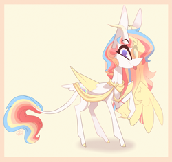 Size: 2589x2443 | Tagged: safe, artist:sugaryicecreammlp, oc, oc:rainbow dreams, species:pegasus, species:pony, chibi, commission, eye clipping through hair, female, horn, leonine tail, multicolored hair, one hoof raised, rainbow hair, ribbon, simple background, tail feathers, tongue out, two toned wings, wings, ych result, yellow background