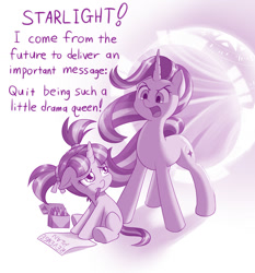 Size: 1280x1376 | Tagged: safe, artist:dstears, character:starlight glimmer, species:pony, species:unicorn, newbie artist training grounds, g4, atg 2020, crayon, dialogue, female, filly, filly starlight glimmer, floppy ears, looking at each other, mare, monochrome, mouth hold, ponidox, revenge plan, sad, self ponidox, sitting, this will end in timeline distortion, time paradox, time portal, time travel, underhoof, writing, younger