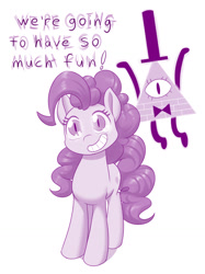Size: 958x1280 | Tagged: safe, artist:dstears, character:pinkie pie, species:earth pony, species:pony, bill cipher, bill cipher's eyes, crossover, dialogue, digital art, female, gravity falls, grin, mare, simple background, smiling, xk-class end-of-the-world scenario