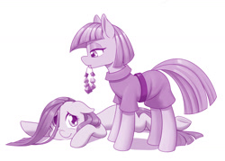 Size: 1280x915 | Tagged: safe, artist:dstears, character:maud pie, character:pinkamena diane pie, character:pinkie pie, species:earth pony, species:pony, newbie artist training grounds, atg 2020, comforting, duo, female, floppy ears, mare, monochrome, mouth hold, purple, rock candy necklace, sad, siblings, simple background, sisters, white background