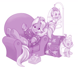 Size: 1280x1146 | Tagged: safe, artist:dstears, character:pound cake, character:pumpkin cake, character:trixie, species:pegasus, species:pony, species:unicorn, alternate hairstyle, baby, baby pony, babysitter trixie, bird cage, chains, clothing, colt, diaper, female, filly, foal, glowing horn, hoodie, horn, magic, male, mare, monochrome, natg2020, phasing, purple, simple background, telephone, this will not end well, trio, white background