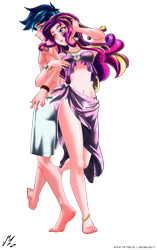 Size: 2754x4376 | Tagged: safe, alternate version, artist:mauroz, character:princess cadance, character:shining armor, species:human, ship:shiningcadance, anime, barefoot, belly button, bracelet, breasts, cleavage, ear piercing, earring, feet, female, humanized, jewelry, male, necklace, piercing, shipping, simple background, straight, tattoo, transparent background