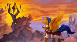 Size: 1988x1080 | Tagged: safe, artist:margony, derpibooru original, oc, oc only, oc:crushingvictory, species:pegasus, species:pony, castle, clothing, male, pegasus oc, smiling, spread wings, stallion, sunset, sword, weapon, wings
