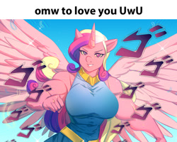Size: 1135x907 | Tagged: safe, artist:bakki, edit, character:princess cadance, species:alicorn, species:anthro, species:pony, big breasts, breasts, busty princess cadance, female, jojo reference, jojo's bizarre adventure, meme, menacing, muscles, muscular female, princess ca-dense, running, smiling, smiling at you, solo, spread wings, uwu, wings, ゴ ゴ ゴ