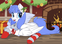 Size: 3508x2480 | Tagged: safe, artist:arctic-fox, oc, oc only, oc:snow pup, species:pegasus, species:pony, brick, christmas, clothing, collar, female, fireplace, holiday, holly, mare, open mouth, ornaments, present, prone, ribbon, smiling, socks, solo, striped socks, wings