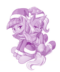 Size: 1069x1280 | Tagged: safe, artist:dstears, character:maud pie, character:trixie, species:earth pony, species:pony, species:unicorn, newbie artist training grounds, ship:mauxie, christmas, clothing, costume, cute, diatrixes, female, hat, holiday, lesbian, maudabetes, monochrome, redraw, santa costume, santa hat, scarf, shipping, simple background, white background