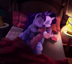 Size: 2333x2083 | Tagged: safe, artist:gsphere, character:rarity, oc, bathrobe, bed, canon x oc, clothing, cuddling, shipping, sleeping, slippers, spooning