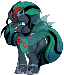 Size: 1280x1508 | Tagged: safe, artist:rainbowtashie, commissioner:bigonionbean, writer:bigonionbean, character:king sombra, character:nightmare moon, character:princess luna, character:queen chrysalis, oc, oc:empress sacer malum, species:changeling, species:pony, bugbutt, butt, curved horn, cute, cutie mark, dawwww, extra thicc, flank, fusion, fusion:empress sacer malum, horn, jewelry, moonbutt, plot, queen umbra, regalia, royalty, rule 63, simple background, transparent background