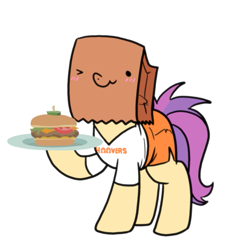 Size: 747x796 | Tagged: safe, artist:paperbagpony, artist:ravecrocker, oc, oc:paper bag, burger, clothing, cute, female, food, hooters, one eye closed, shirt, shorts, simple background, white background, wink