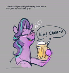 Size: 1815x1924 | Tagged: safe, artist:alumx, character:starlight glimmer, species:pony, species:unicorn, alcohol, beer, blushing, dialogue, drunk, drunker glimmer, female, hiccup, mare, onomatopoeia, sketch, solo, toasting