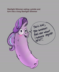 Size: 1513x1826 | Tagged: safe, artist:alumx, character:starlight glimmer, blush sticker, blushing, dialogue, food, gray background, long glimmer, long pony, meme, pickle, pickle rick, rick and morty, simple background, sketch, solo, transformation