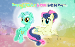 Size: 1280x807 | Tagged: safe, artist:andoanimalia, artist:mandydax, character:bon bon, character:lyra heartstrings, character:sweetie drops, ship:lyrabon, episode:the last problem, g4, my little pony: friendship is magic, bench, female, future, lesbian, shipping