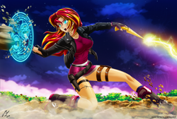 Size: 5336x3610 | Tagged: safe, artist:mauroz, character:sunset shimmer, my little pony:equestria girls, anime, clothing, horn wand, jacket, magic, multiple variants, open mouth, shield, sweat