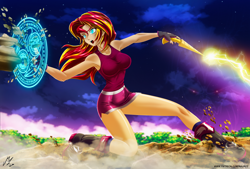 Size: 5336x3610 | Tagged: safe, artist:mauroz, character:sunset shimmer, my little pony:equestria girls, anime, clothing, horn wand, magic, multiple variants, open mouth, shield, sleeveless, sweat, tank top