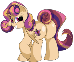 Size: 1280x1081 | Tagged: safe, artist:rainbowtashie, commissioner:bigonionbean, writer:bigonionbean, character:apple bloom, character:dinky hooves, character:scootaloo, character:sweetie belle, oc, oc:princess young heart, species:alicorn, species:pegasus, species:pony, alicorn oc, alicorn princess, butt, cutie mark, embarrassed, extra thicc, female, flank, fusion, fusion:princess young heart, horn, mare, plot, simple background, teenager, transparent background, wings