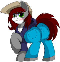 Size: 5900x6100 | Tagged: safe, artist:rainbowtashie, commissioner:bigonionbean, writer:bigonionbean, oc, oc only, oc:khaki-cap, species:pony, blushing, butt, clothing, embarrassed, extra thicc, female, flank, hat, hoodie, jean thicc, mare, pants, plot, rule 63, shirt, simple background, solo, thicc ass, transparent background