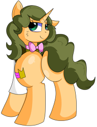 Size: 4425x5800 | Tagged: safe, artist:rainbowtashie, commissioner:bigonionbean, writer:bigonionbean, character:cheese sandwich, character:fancypants, oc, oc:celebratory attire, species:earth pony, species:pony, species:unicorn, bow tie, butt, clothing, cutie mark, extra thicc, female, flank, fusion, fusion:celebratory attire, mare, plot, rule 63, seductive, seductive pose, simple background, thicc ass, transparent background