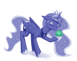 Size: 1280x1009 | Tagged: safe, artist:dstears, edit, character:princess luna, species:alicorn, species:pony, newbie artist training grounds, color edit, colored, crossover, crown, cute, digital art, eyes closed, female, floppy ears, frog, jewelry, kissing, lunabetes, mare, puckered lips, regalia, simple background, sweat, sweatdrop, the princess and the frog