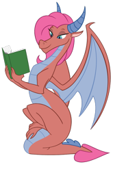 Size: 562x852 | Tagged: safe, artist:queencold, character:mina, species:dragon, book, dragoness, female, older mina, pink hair, simple background, solo, tail, tail stand, transparent background, wings