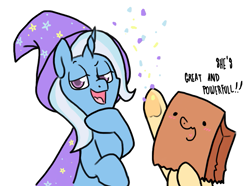 Size: 925x688 | Tagged: safe, artist:paperbagpony, character:trixie, oc, oc:paper bag, species:pony, species:unicorn, cape, clothing, confetti, dreamworks face, face on a bag, female, great and powerful, hat, mare, simple background, trixie's cape, trixie's hat, underhoof, white background