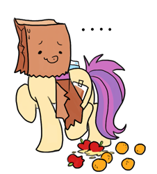 Size: 623x689 | Tagged: safe, artist:paperbagpony, oc, oc:paper bag, ..., apple, fake cutie mark, food, oh dear, orange, simple background, white background