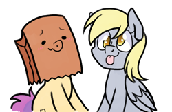 Size: 852x554 | Tagged: safe, artist:paperbagpony, character:derpy hooves, oc, oc:paper bag, blep, sitting, tape, tongue out