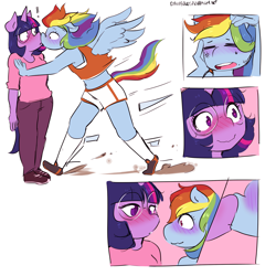 Size: 2500x2500 | Tagged: safe, artist:rainbowsprinklesart, character:rainbow dash, character:twilight sparkle, species:anthro, species:pegasus, species:plantigrade anthro, species:unicorn, ship:twidash, g4, accident, accidental kiss, alternate hairstyle, belly button, blushing, blushing profusely, breasts, clothing, comic, cute, delicious flat chest, dust, eyes closed, female, floppy ears, glasses, head scratch, heart eyes, kissing, lesbian, lidded eyes, mare, motion lines, open mouth, pants, passionate, pinned, round glasses, running, running shoes, shipping, shoes, short shirt, shorts, simple background, socks, sports bra, sports shorts, spread wings, surprised, tail, tomboy, wingding eyes, wings