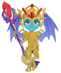 Size: 600x714 | Tagged: safe, artist:queencold, character:princess ember, species:dragon, armor, bloodstone scepter, crown, dragon lord ember, dragoness, female, gold, head dress, jewelry, regalia, simple background, solo, sparkles, transparent background