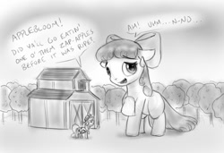 Size: 850x583 | Tagged: safe, artist:alloyrabbit, character:apple bloom, character:applejack, species:earth pony, species:pony, apple bloom's bow, barn, blatant lies, bow, female, filly, giant pony, hair bow, macro, mare, monochrome, size difference, tree