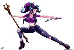 Size: 5000x3428 | Tagged: safe, alternate version, artist:mauroz, character:starlight glimmer, species:human, alternate hairstyle, anime, breasts, grin, horn wand, humanized, rainbow, simple background, smiling, staff, staff of sameness, torn pants, transparent background