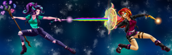 Size: 3123x1000 | Tagged: safe, artist:mauroz, editor:drakeyc, character:starlight glimmer, character:sunset shimmer, species:human, my little pony:equestria girls, abstract background, alternate hairstyle, anime, blast, boots, clothing, cutie mark, fight, grin, horn wand, humanized, jacket, magic, magic beam, magic blast, magic wand, nail polish, open mouth, rainbow, shield, shoes, smiling, space, staff, staff of sameness, sunset vs starlight, sweat, torn clothes, torn pants, vest