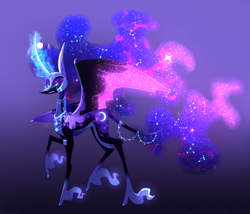 Size: 2154x1841 | Tagged: safe, artist:sugaryicecreammlp, character:nightmare moon, character:princess luna, species:alicorn, species:pony, armor, colored wings, colored wingtips, curved horn, ethereal fetlocks, ethereal mane, fangs, female, glowing horn, horn, leonine tail, lidded eyes, mare, purple background, raised hoof, redesign, signature, simple background, solo