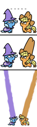 Size: 500x1700 | Tagged: safe, artist:paperbagpony, character:applejack, character:trixie, clothing, comic, cowboy hat, doug dimmadome, growth, hat, impossibly large hat, ten gallon hat, wizard hat