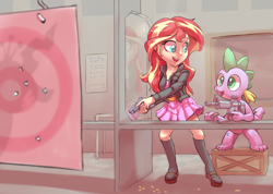 Size: 4211x3000 | Tagged: safe, artist:gsphere, derpibooru original, character:queen chrysalis, character:spike, character:sunset shimmer, species:dragon, my little pony:equestria girls, ar15, clothing, duo, female, gun, jacket, leather jacket, magazine, male, p226, shooting range, skirt, smiling, target, trigger discipline, weapon