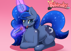Size: 4200x3000 | Tagged: safe, artist:ribiruby, character:princess luna, species:alicorn, species:pony, anatomically incorrect, candy, cute, dock, female, food, glowing horn, gradient background, high res, horn, lidded eyes, lollipop, looking at you, lunabetes, magic, mare, open mouth, prone, smiling, solo, telekinesis, tongue out, wingless