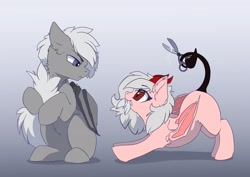 Size: 3508x2480 | Tagged: safe, artist:arctic-fox, oc, oc only, species:bat pony, species:demon pony, species:pony, bat wings, demon, duo, gray background, looking at each other, original species, scissors, simple background, wings