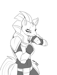 Size: 1679x2200 | Tagged: safe, artist:bluntwhiskey, character:tempest shadow, species:anthro, g4, armor, broken horn, female, fighting stance, horn, lidded eyes, monochrome, simple background, solo, white background