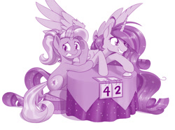 Size: 1280x953 | Tagged: safe, artist:dstears, character:luster dawn, character:twilight sparkle, character:twilight sparkle (alicorn), species:alicorn, species:pony, species:unicorn, episode:a trivial pursuit, episode:the last problem, g4, my little pony: friendship is magic, 42, duo, duo female, female, grin, hitchhiker's guide to the galaxy, mare, messy mane, older, older twilight, princess twilight 2.0, simple background, smiling, trivia trot, twilight snapple, twilynanas, underhoof, white background