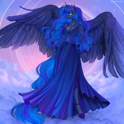 Size: 1200x1200 | Tagged: safe, artist:margony, character:princess luna, species:alicorn, species:anthro, species:pony, species:unguligrade anthro, g4, beautisexy, big breasts, big wings, breasts, busty princess luna, cleavage, clothing, commission, dress, female, jewelry, necklace, solo, wings