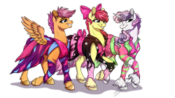 Size: 1920x1080 | Tagged: safe, artist:lupiarts, character:apple bloom, character:scootaloo, character:sweetie belle, species:earth pony, species:pegasus, species:pony, species:unicorn, g4, clothing, cutie mark crusaders, older, show stopper outfits