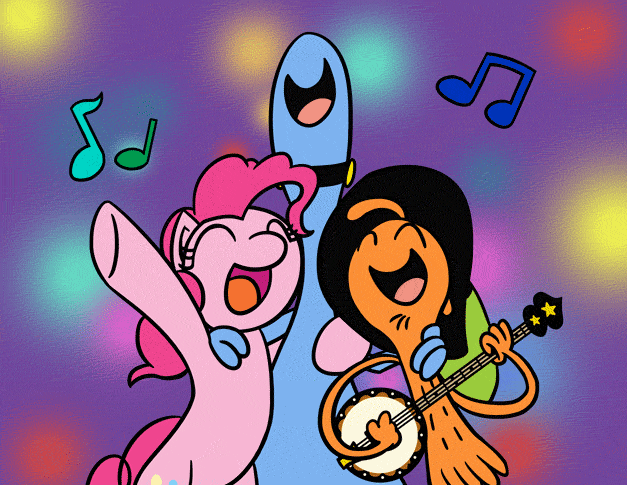 Size: 627x485 | Tagged: safe, artist:flutterluv, character:pinkie pie, species:earth pony, species:pony, g4, alien, animated, banjo, colorful lights, crossover, cute, music notes, musical instrument, singing, sylvia, trio, wander (wander over yonder), wander over yonder, zbornak