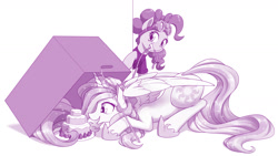 Size: 1600x900 | Tagged: safe, artist:dstears, character:pinkie pie, character:princess celestia, species:alicorn, species:earth pony, species:pony, episode:pinkie spy, g4, my little pony: equestria girls, box, cake, cakelestia, crouching, cute, cutelestia, dock, food, goggles, monochrome, mouth hold, open mouth, sillestia, silly, spy, that princess sure does love cake, this will end in a trip to the moon, this will end in tears and/or a journey to the moon, trap