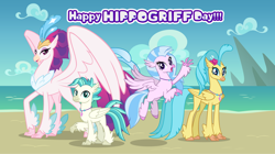 Size: 1280x719 | Tagged: safe, artist:andoanimalia, character:princess skystar, character:queen novo, character:silverstream, character:terramar, species:classical hippogriff, species:hippogriff, g4, my little pony: the movie (2017), aunt and nephew, aunt and niece, beach, brother and sister, cousin, cousins, female, hippogriffia, male, mother and child, mother and daughter, quartet, show accurate, siblings, wall of text in the description